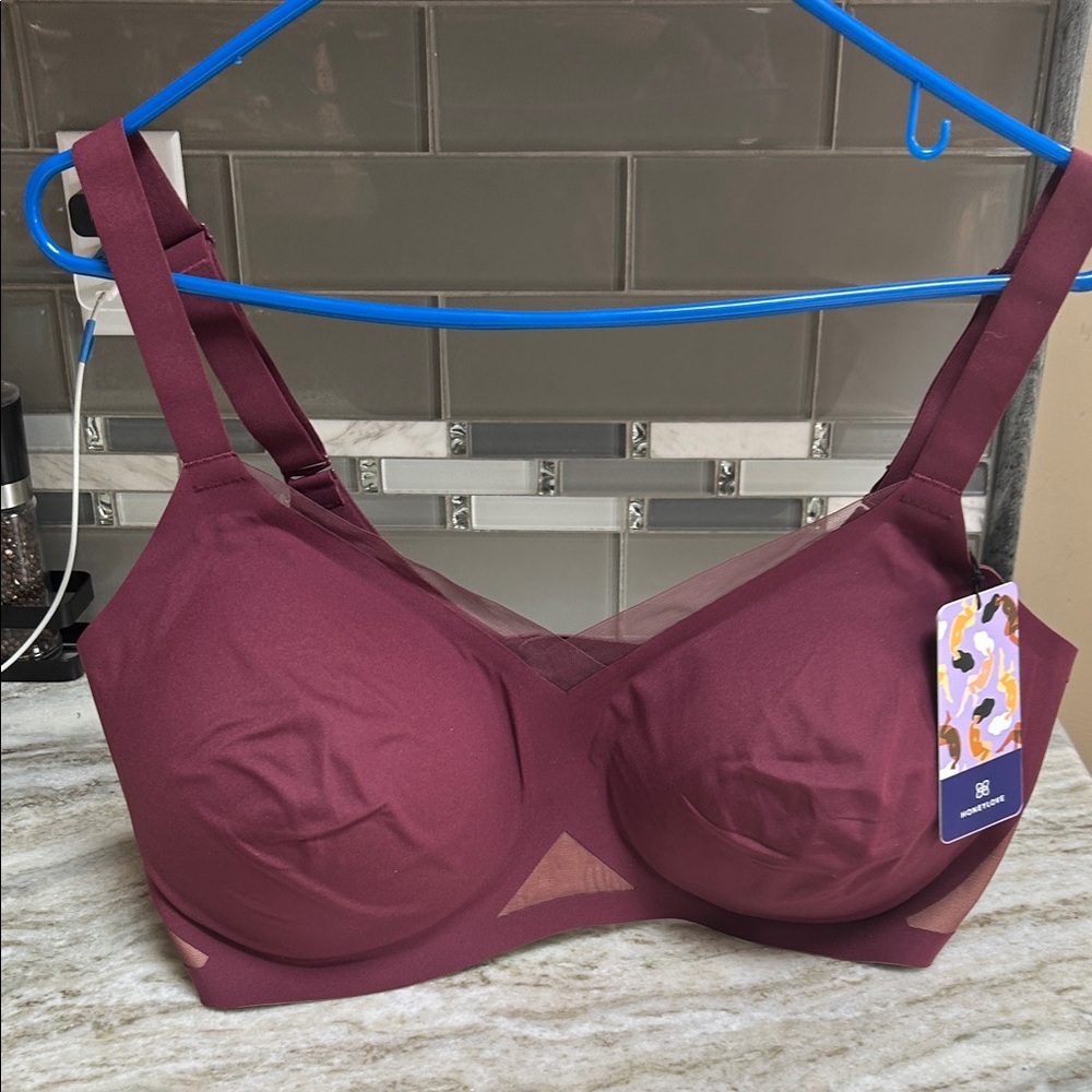 New! $69 Honeylove CrossOver Wireless Bra Comfortable Sz 1 X Burgundy Red.